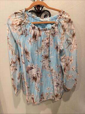 Light Blue Floral Off-Shoulder Peasant Blouse